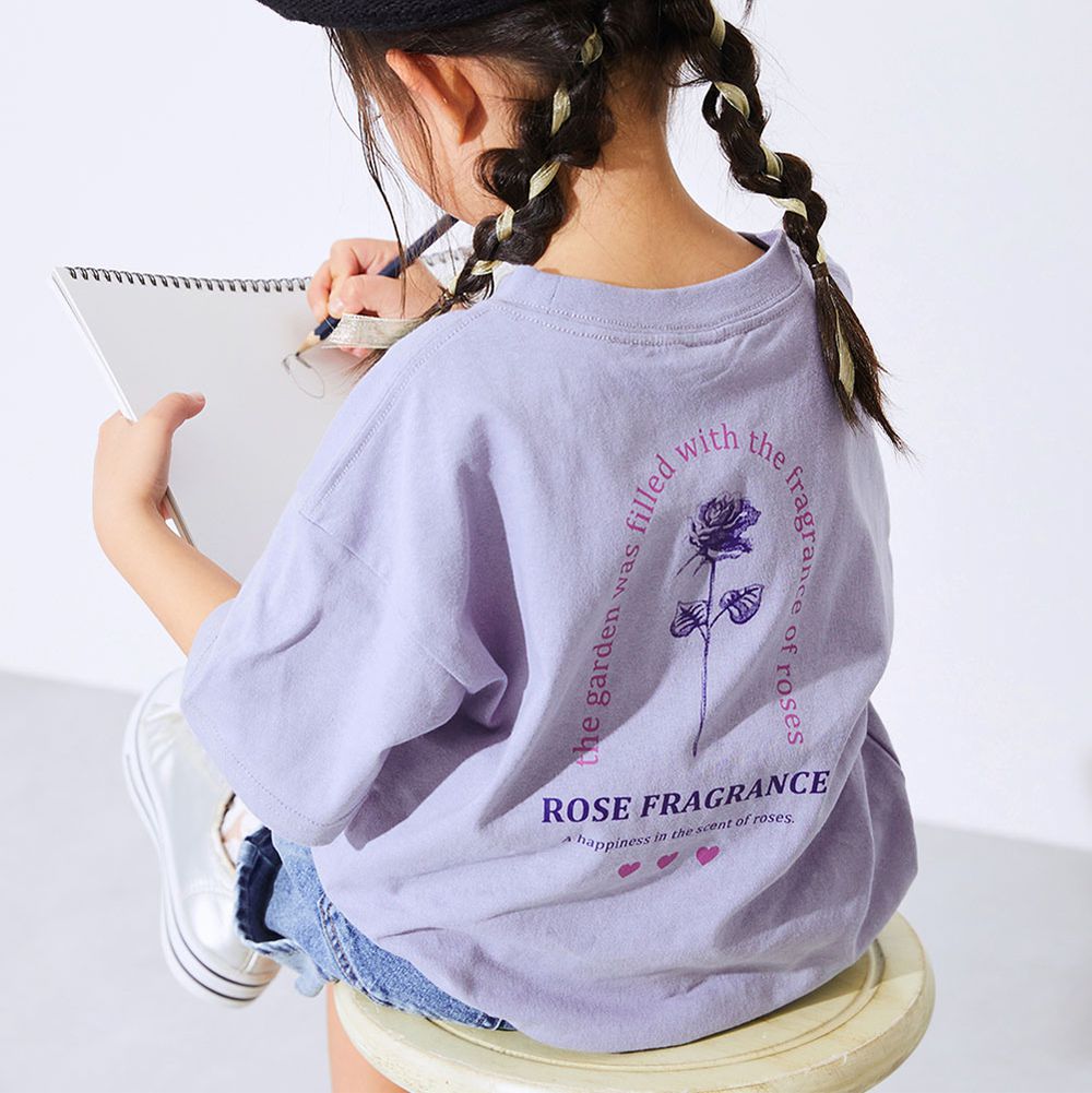 100%棉 可愛女孩寬版短袖上衣-背後玫瑰-藍紫