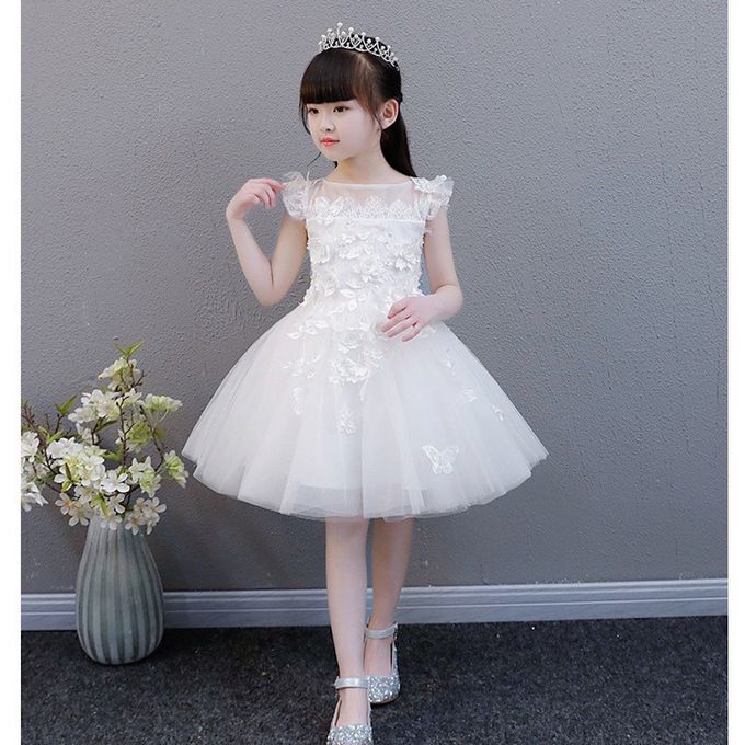 畢業典禮立體繡花蓬蓬白紗小禮服 (送小皇冠髮箍）