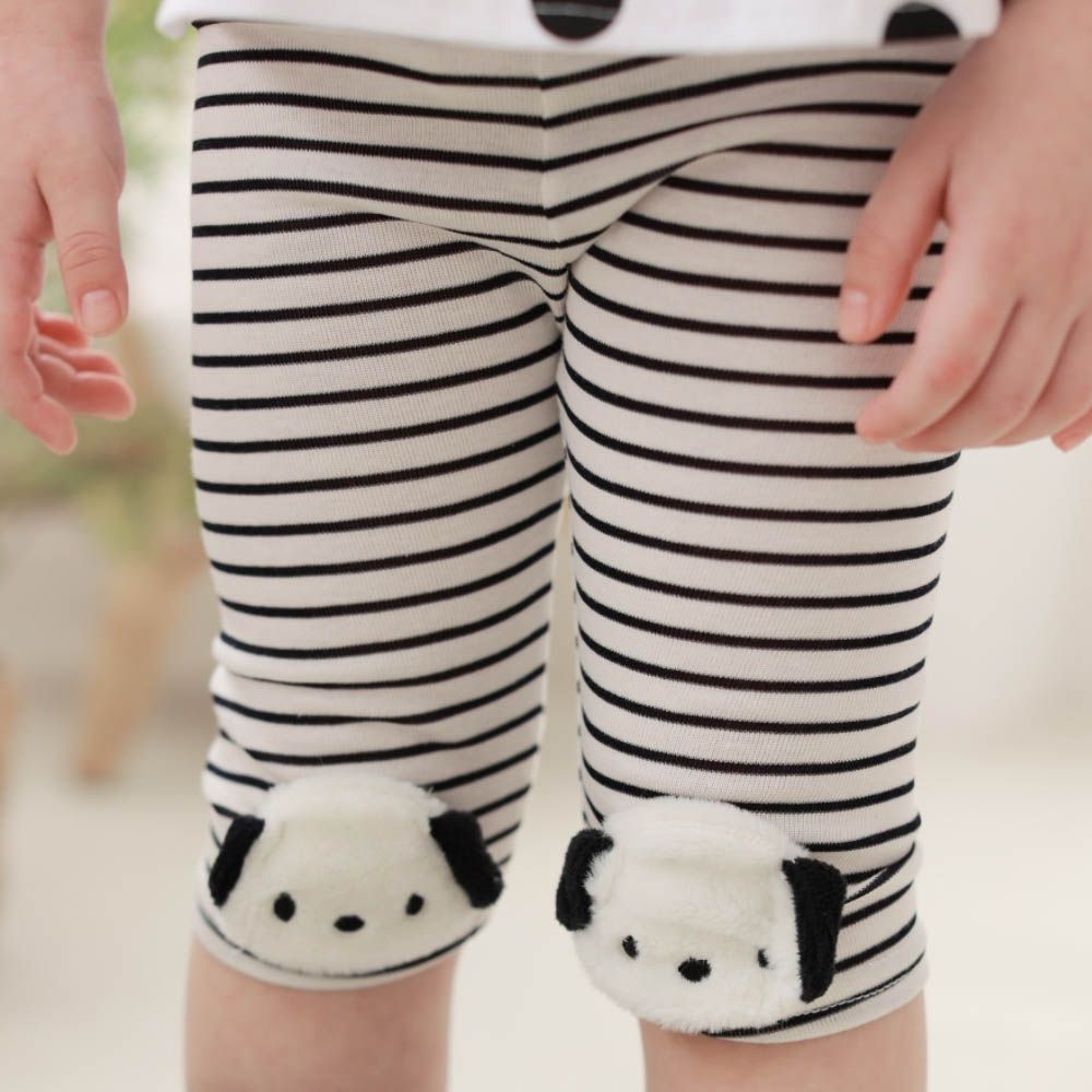鬆緊腰毛絨小狗裝飾內搭褲-黑X白