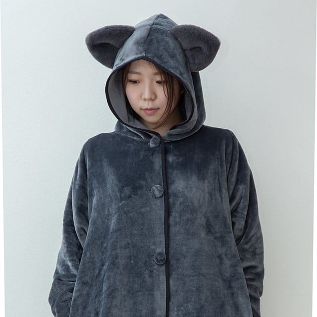 日本 BISQUE - 動物造型連帽超柔軟保暖外套(大人)-貓咪-深藍灰 (free size)