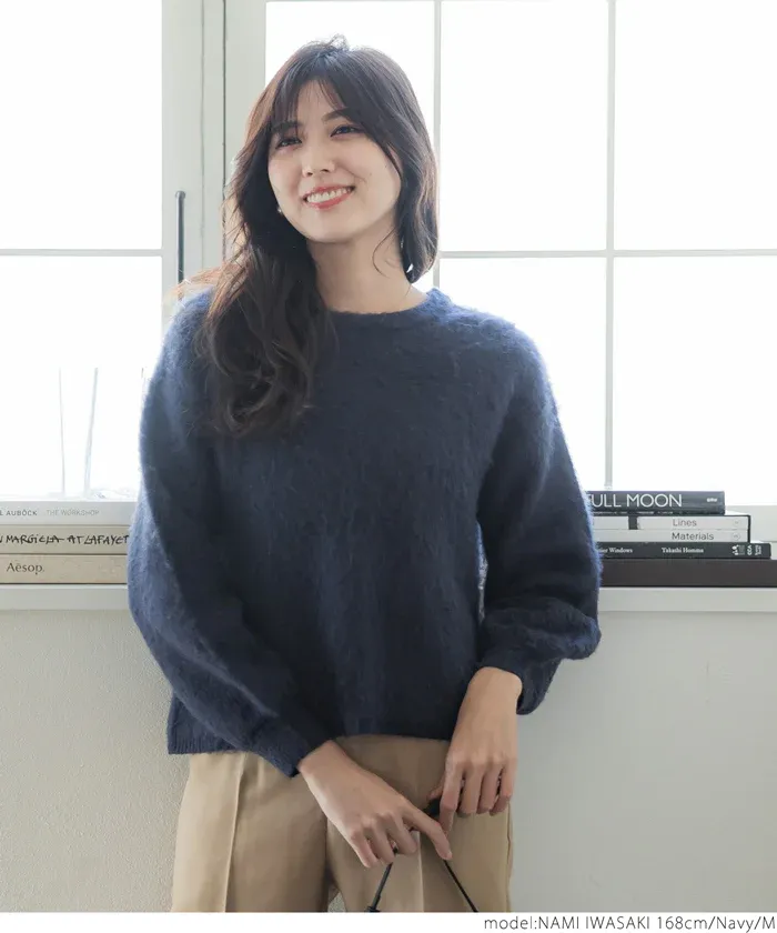 日本 COCA - 溫柔毛絨感圓領長袖針織上衣-橘紅