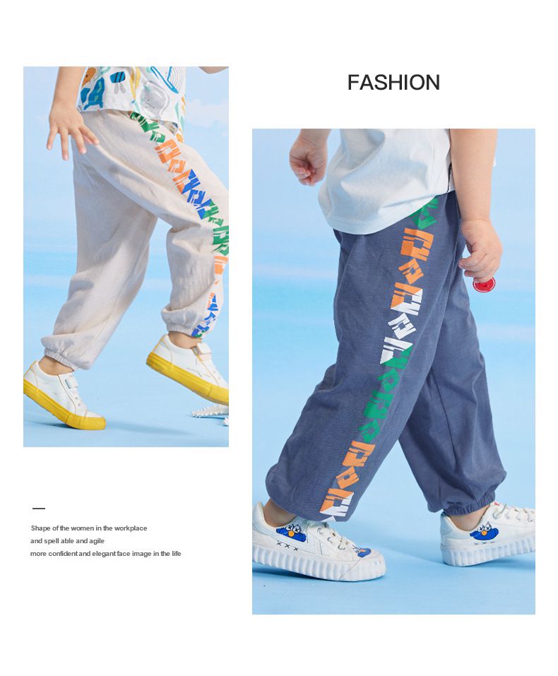 竹節棉束口長褲/防蚊褲-方形幾何-灰藍色