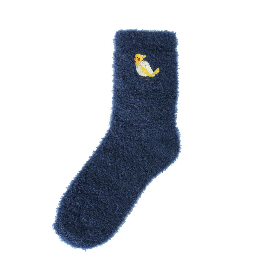 日本 TOMO - 可愛動物刺繡毛絨保暖襪-鸚鵡-深藍 (22-25cm)