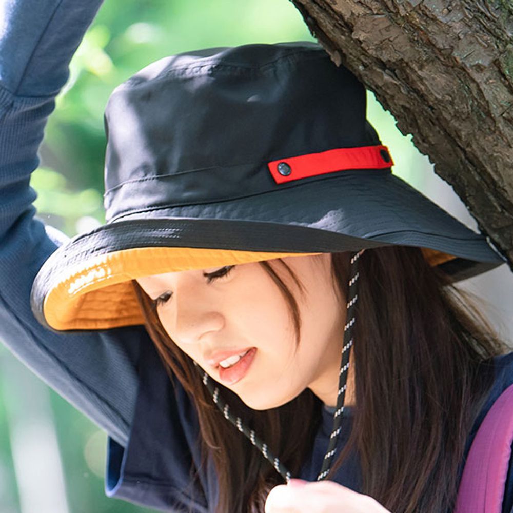 日本 irodori - 抗UV可捲收防潑水遮陽帽(附防風帽帶)-大人款-黑x橘內裏