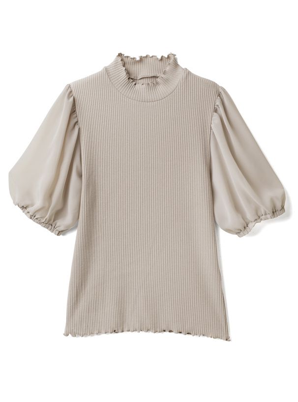 日本 GRL - 異材質拼接薄紗短袖上衣-灰杏