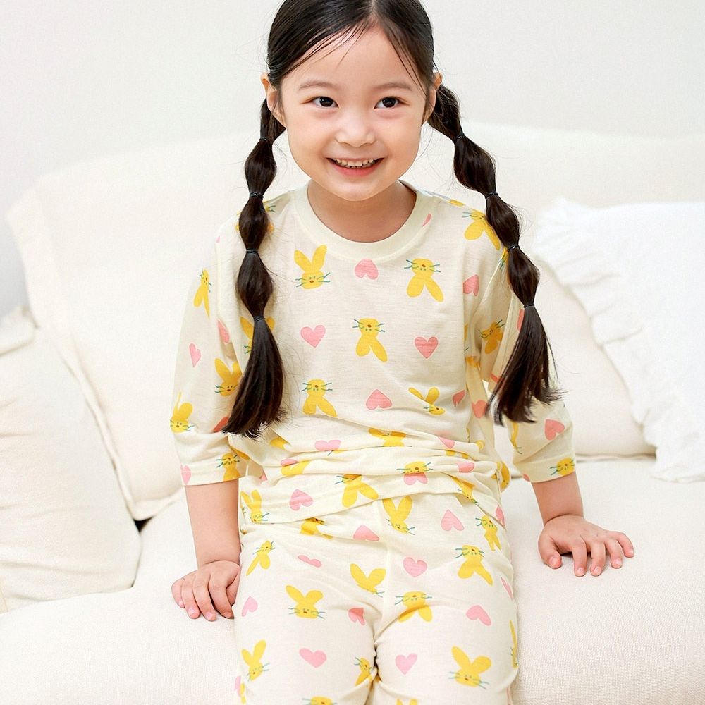 親膚莫代爾7分袖家居服/睡衣-萌萌愛心兔-米黃