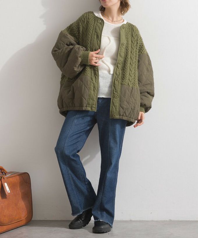 日本 Lupilien - 立體麻花絎縫拼接無領保暖外套-軍綠