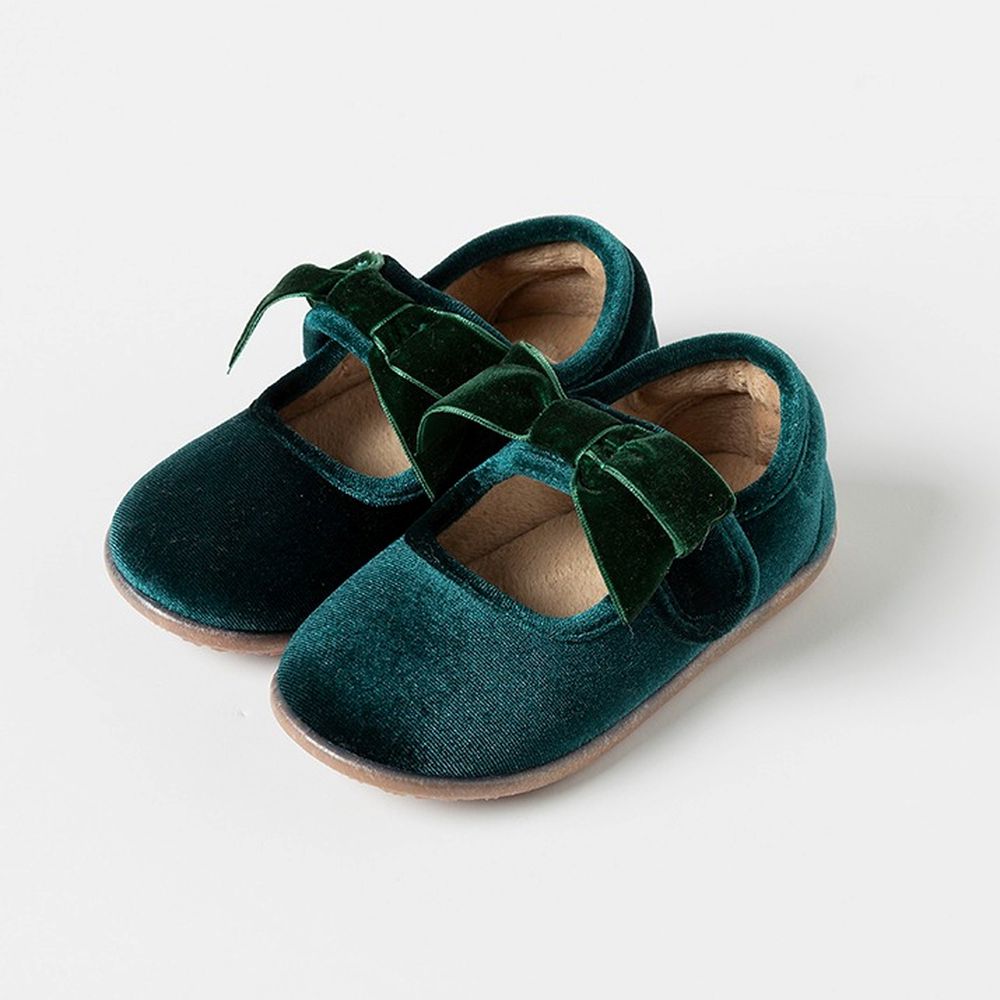 (內刷毛)光澤絨面蝴蝶結彈力底瑪莉珍鞋-墨綠