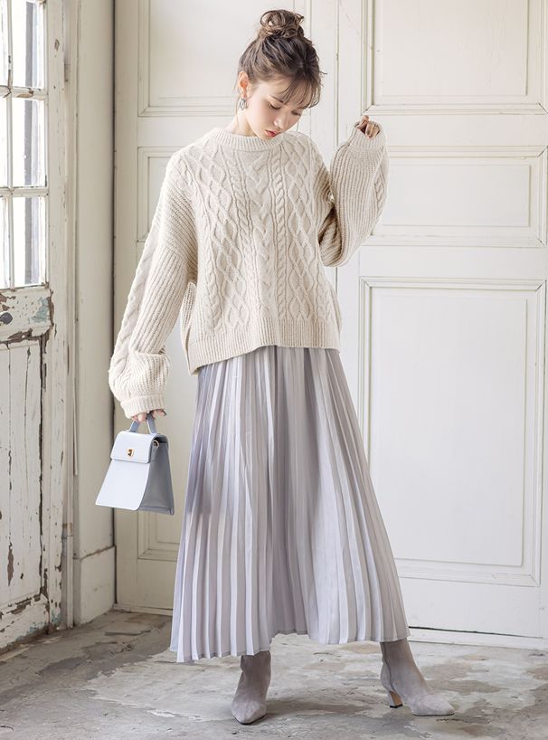 日本 GRL - 浪漫後蝴蝶結綁帶寬版針織毛衣-灰藍