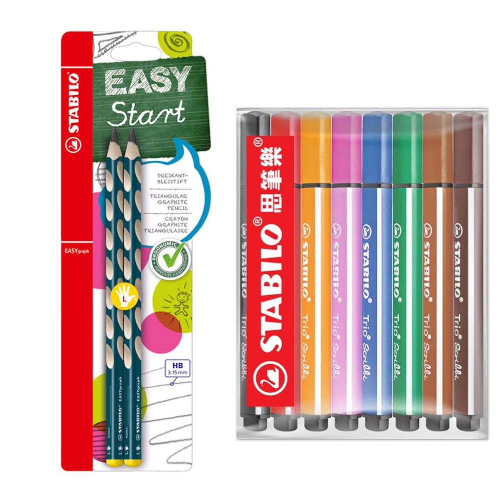 STABILO思筆樂 - EASYgraph 洞洞筆 鉛筆系列 HB 左手 藍綠色 2支入 + 畫畫樂可水洗彩色筆 超值包(8支入-顏色隨機)
