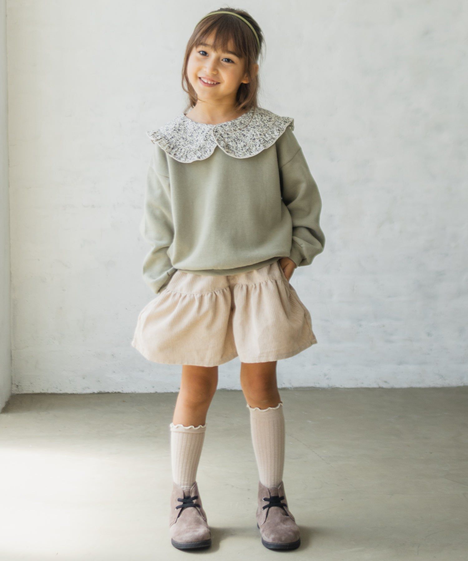 日本 PAIRMANON - 歐風翻領刷毛長袖上衣-碎花領-煙燻粉