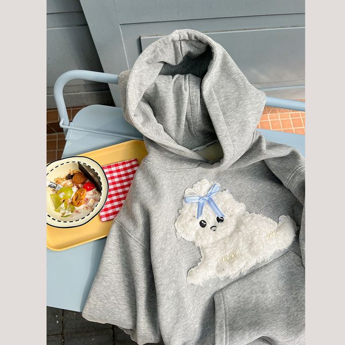 韓版立體捲毛小狗連帽衛衣運動褲套裝