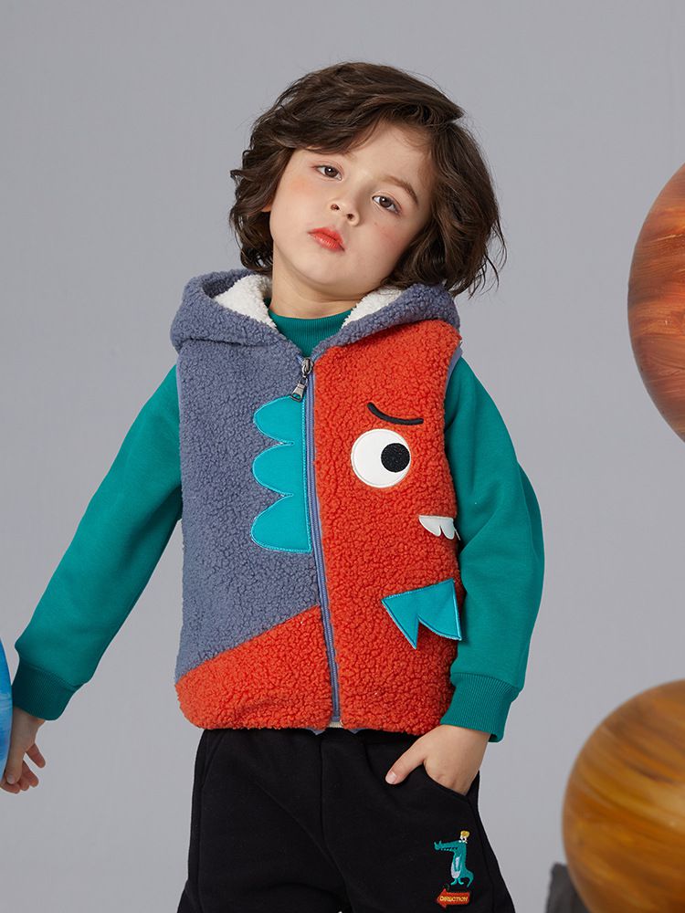 立體造型連帽羊羔絨背心-半臉小妖怪-藍+紅