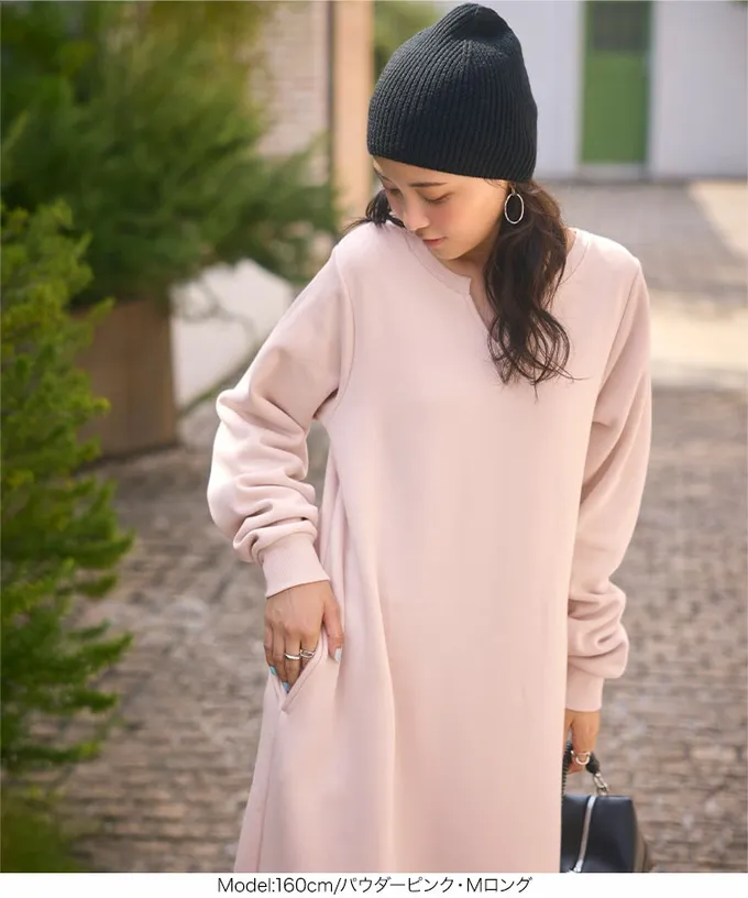 日本 Kobe Lettuce - 極上溫暖 裏起毛鑰匙領休閒長袖洋裝-咖啡