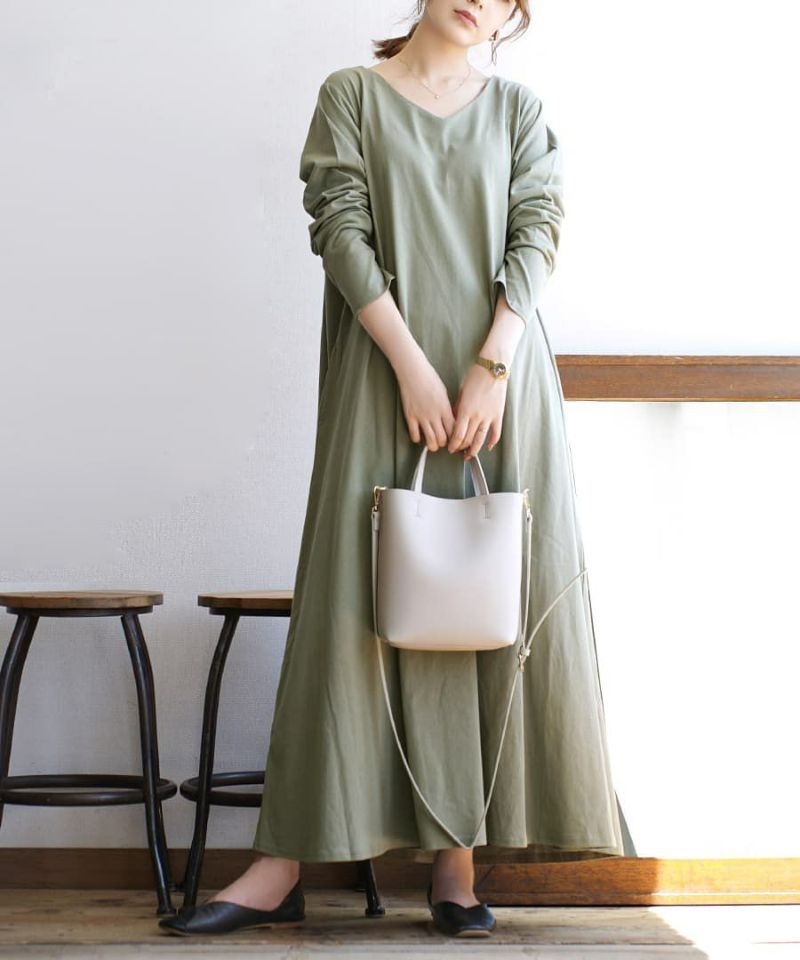 日本 zootie - 抗透汗 純棉修身長袖洋裝-V領-咖啡