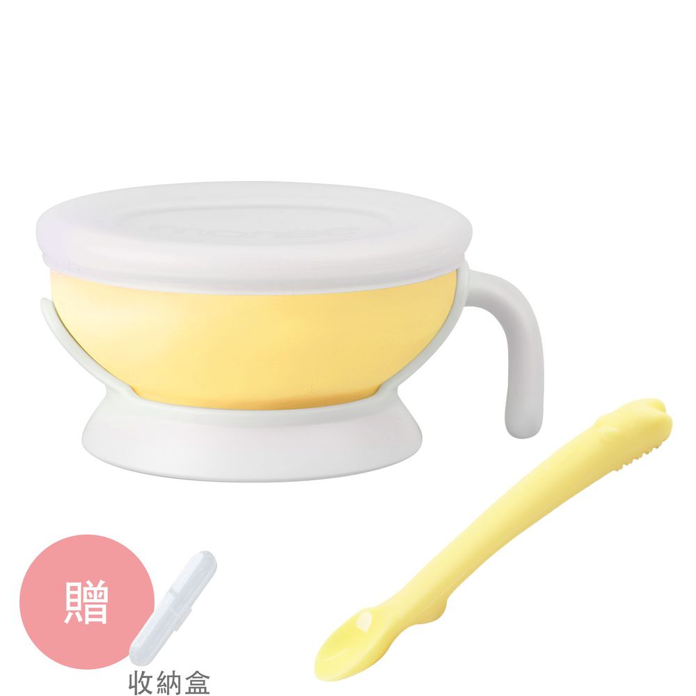 韓國 monee - 寶寶白金矽膠碗匙組+加贈送原廠收納盒-檸檬黃-150ml (5.1oz)