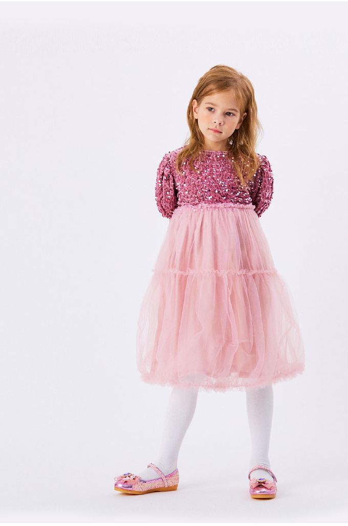 韓國 OZKIZ - 天鵝絨亮片點綴公主網紗洋裝-粉