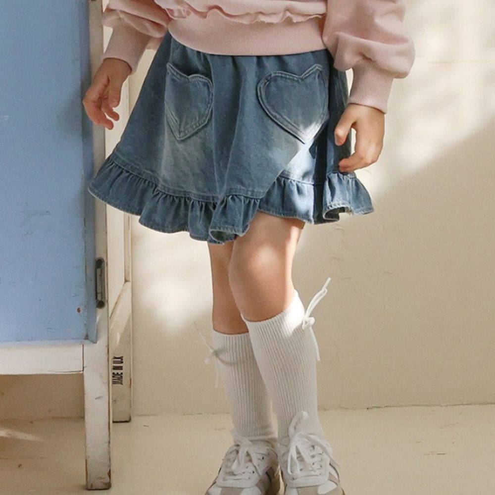 Puellaflo 鬆緊腰愛心口袋丹寧短裙-中青