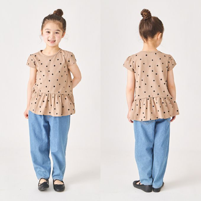 日本 evercloset - 100%棉 層次荷葉衣襬短袖上衣-點點-摩卡