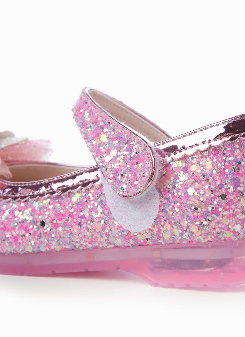 韓國 OZKIZ - (LED)愛心鑽點綴蝴蝶結亮片皮鞋-紫