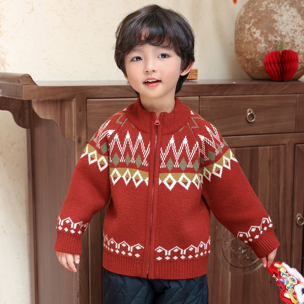 半高領幾何緹花拉鍊毛衣外套-紅色