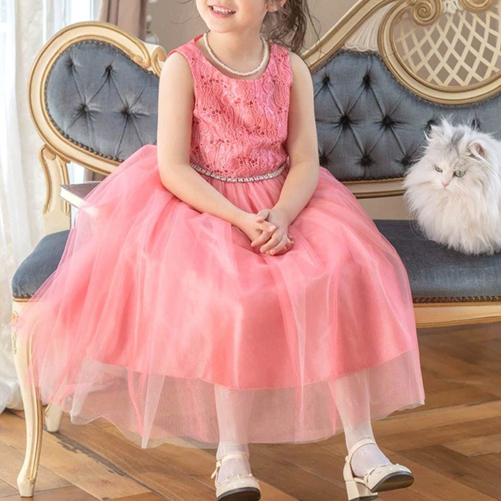 腰鑽飾前蕾絲後緞面洋裝/小禮服-珊瑚粉