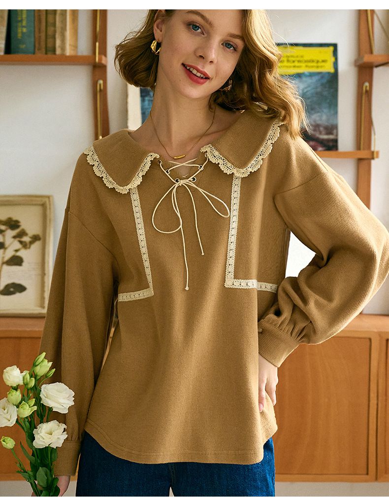 蕾絲拼接綁帶長袖上衣-卡其色