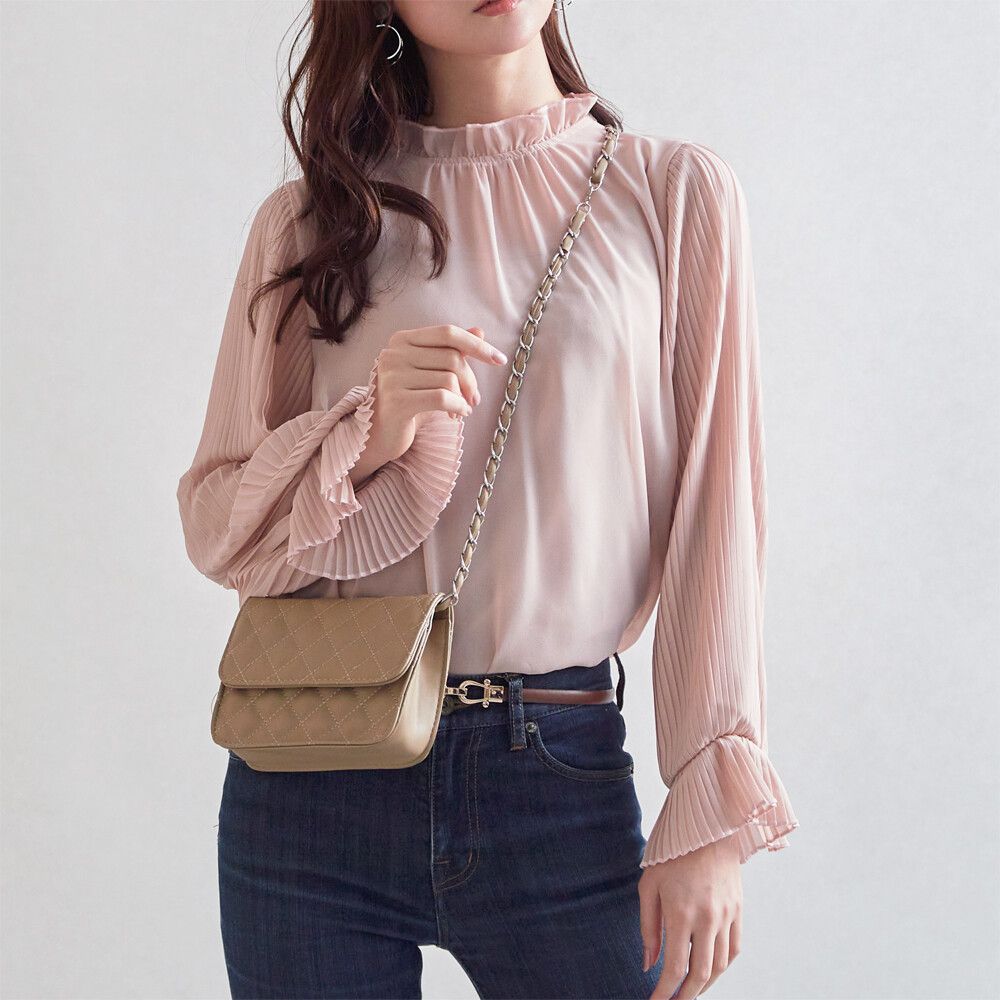 日本女裝代購 - 荷葉滾邊細百摺長袖雪紡上衣-杏