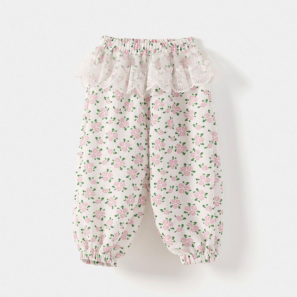 鬆緊腰夏日風情網紗點綴防蚊褲-粉花束-米白