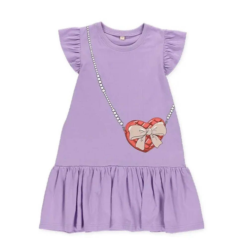 時尚小包印花法式短袖洋裝-紫