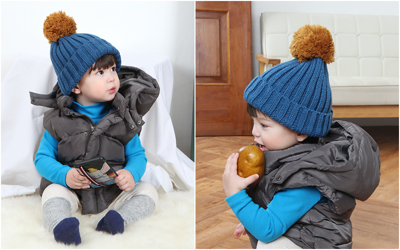 韓國 Babyblee - 大毛球針織毛線帽-藍 (FREE)