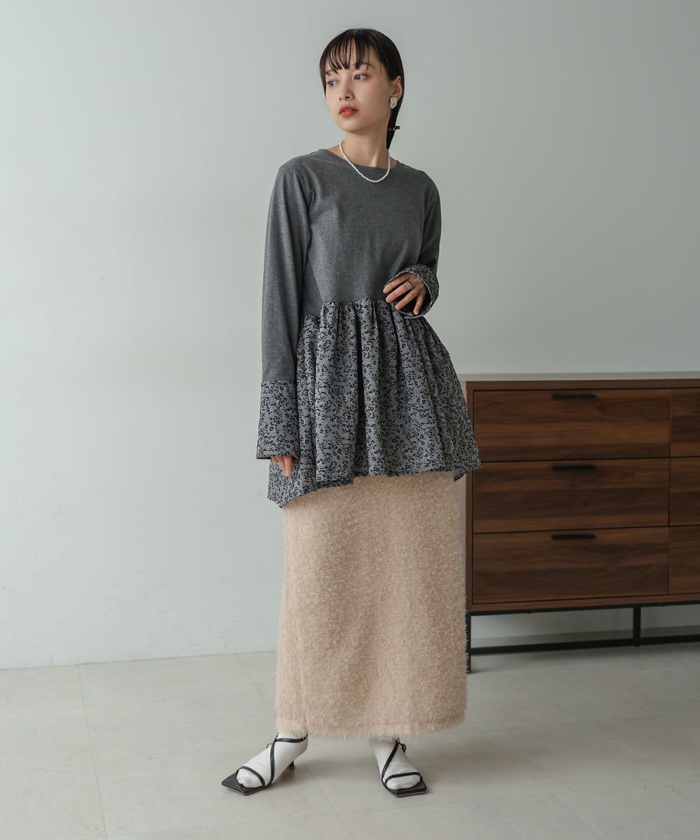 日本 Bab - 優美緹花拼接長袖上衣-水藍