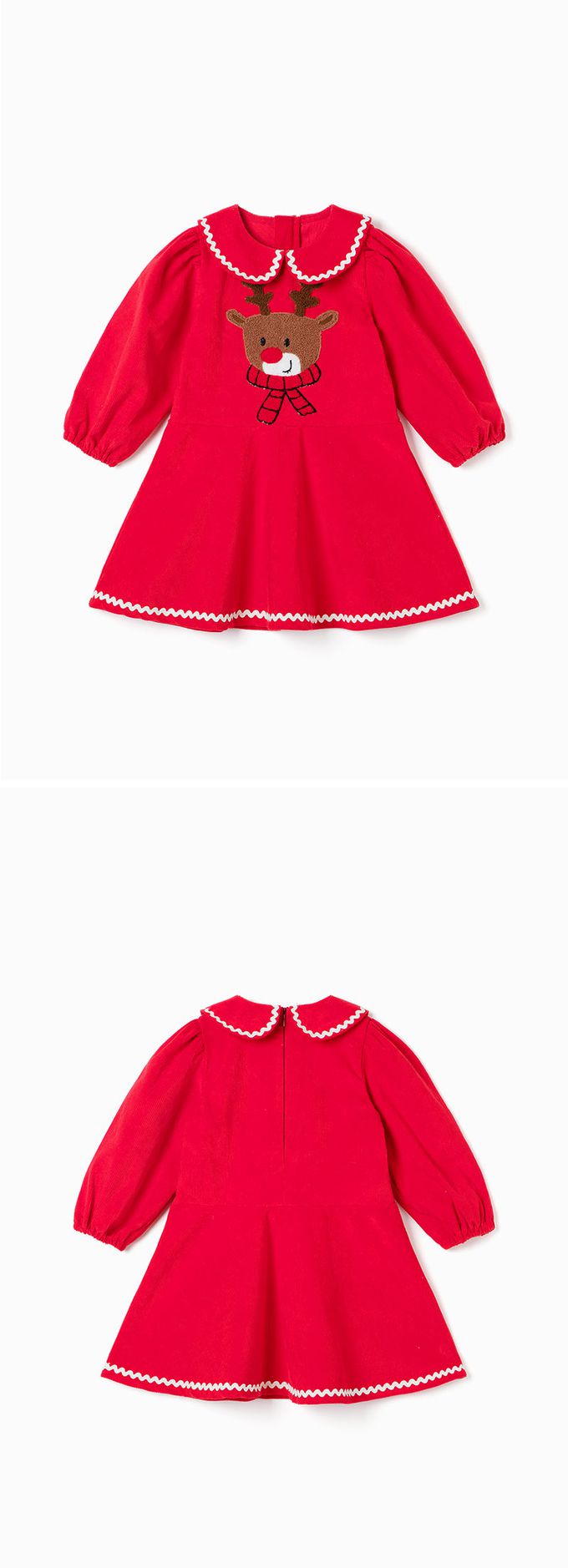 韓國 OZKIZ - 毛料馴鹿印燈芯絨洋裝/聖誕-紅