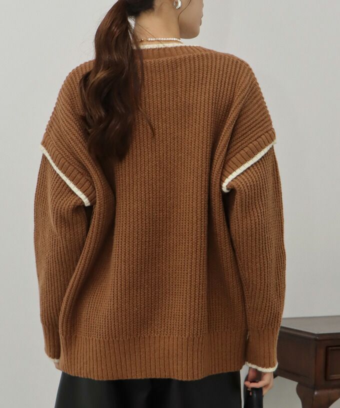 日本 BLUE EAST - 撞色滾邊落肩針織毛衣-米白