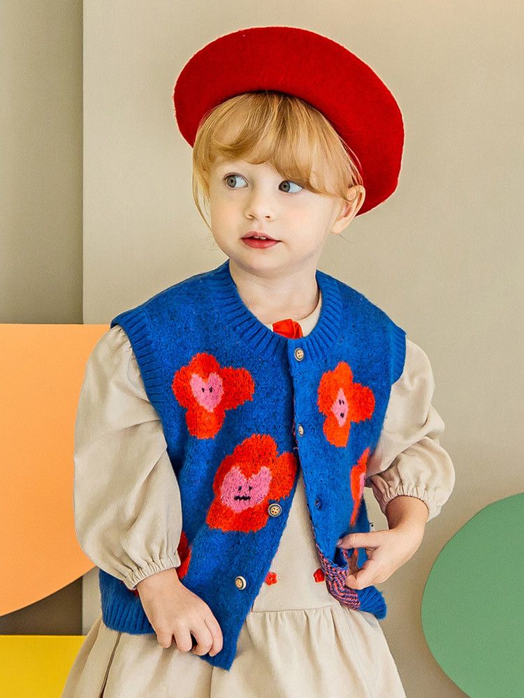 韓國Pimpollo - 愛心印花開衫針織背心-藍