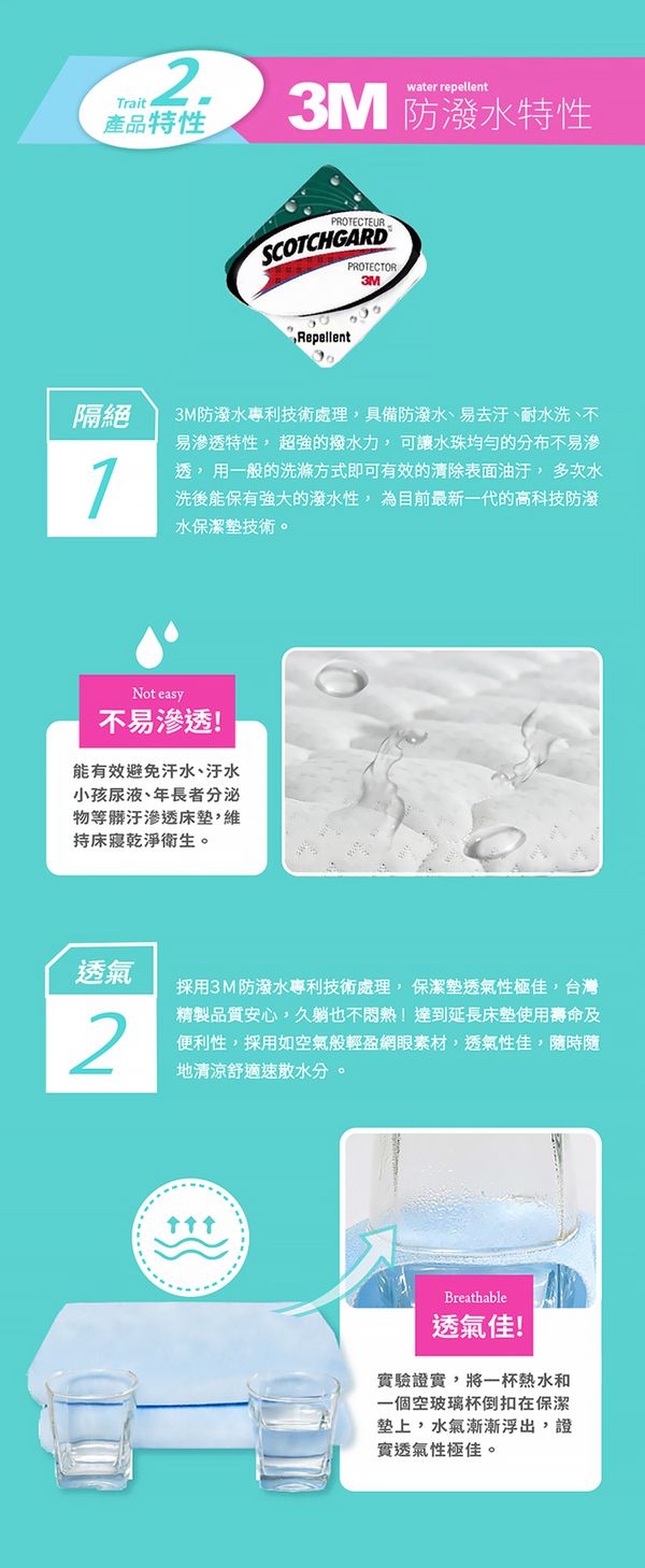 Pure One - 採用3M防潑水技術 床包式保潔墊-水漾藍-加大床包保潔墊