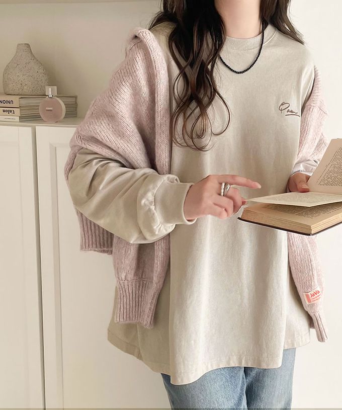 日本 Classical Elf - 胸口簡約刺繡純棉長袖上衣-灰粉