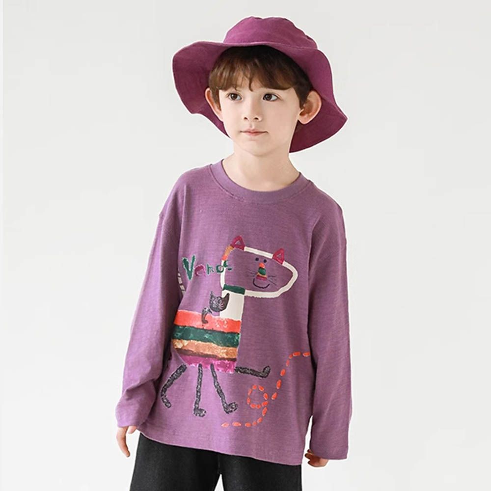 純棉竹節紋圓領落肩長袖上衣-抽象塗鴉-紫色