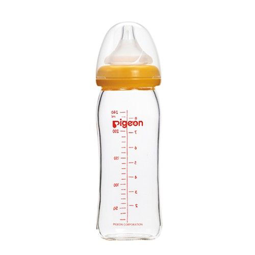 貝親 Pigeon - 母乳實感寬口玻璃奶瓶-附奶嘴-橘色 (M [3個月起])-240mL