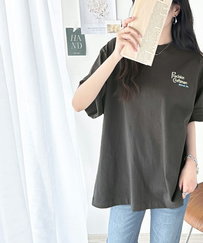 日本 Classical Elf - 100%棉 胸前logo點綴短袖上衣-米杏