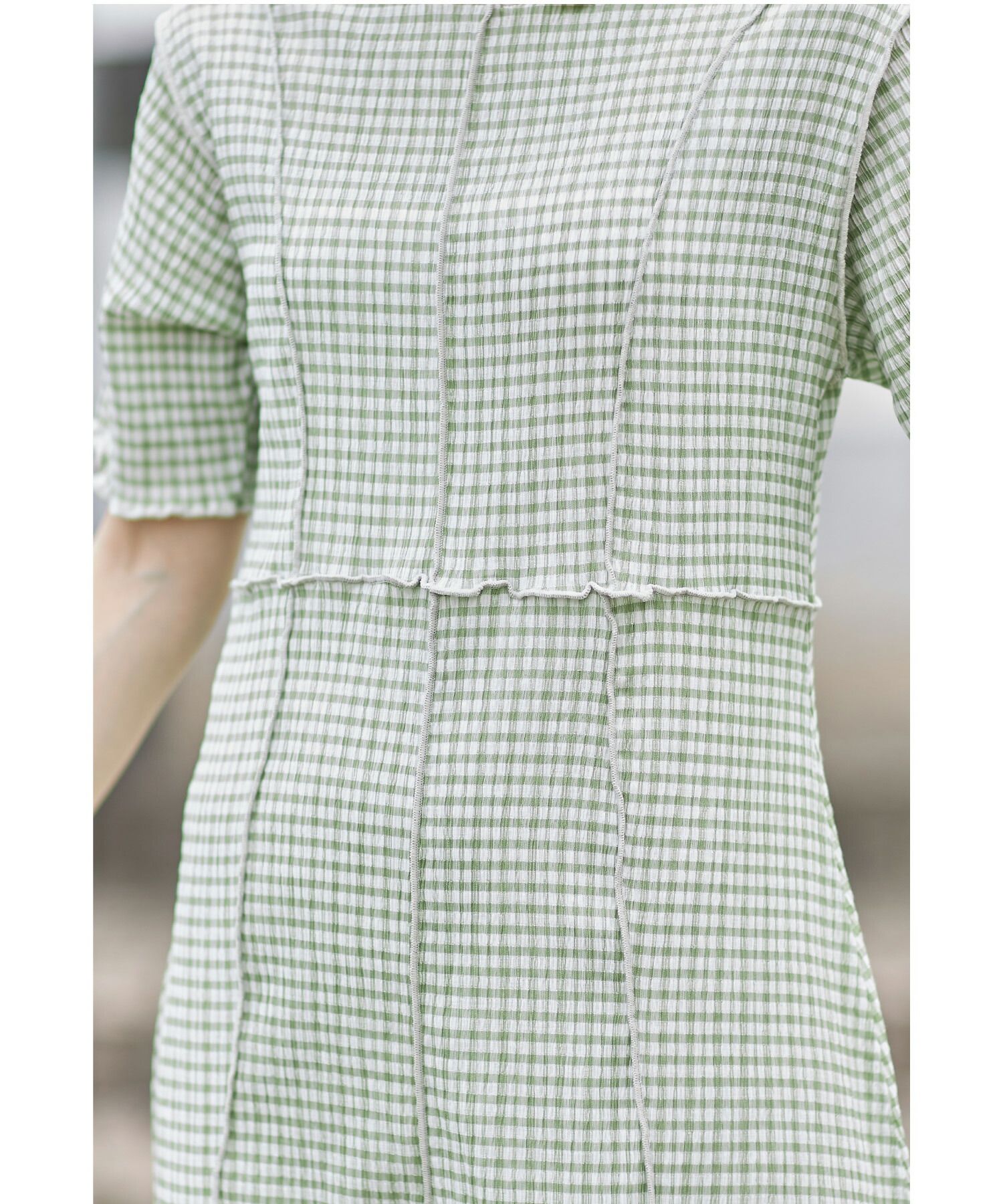 日本 tocco-closet - 修身線條五分袖洋裝-格紋-薄荷
