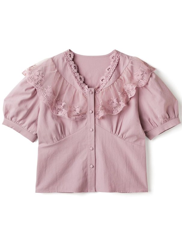 日本 GRL - 浪漫花蕾絲泡泡短袖排釦襯衫-白