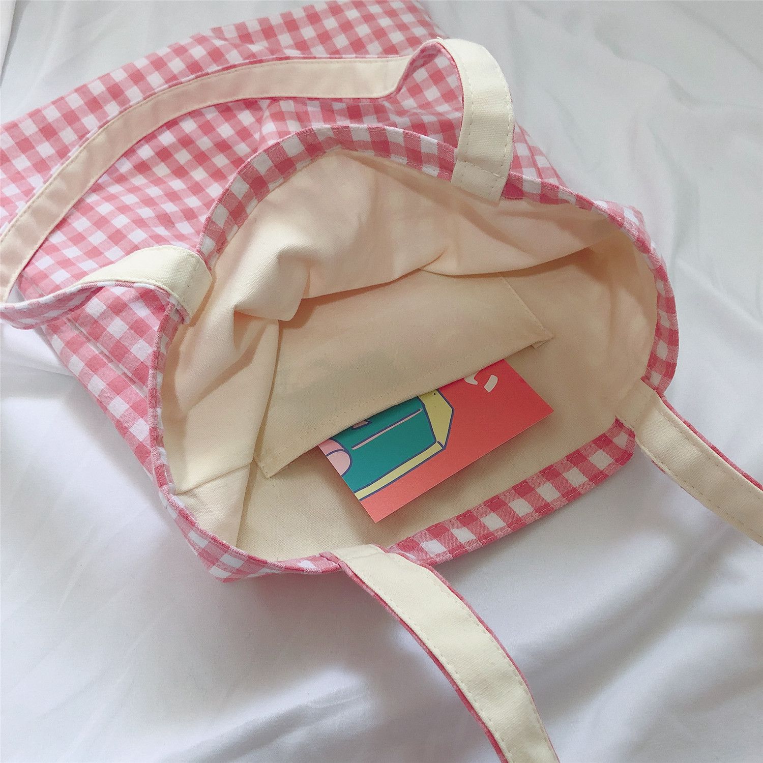 休閒格子單肩手提帆布袋-粉紅色 (37*35cm)