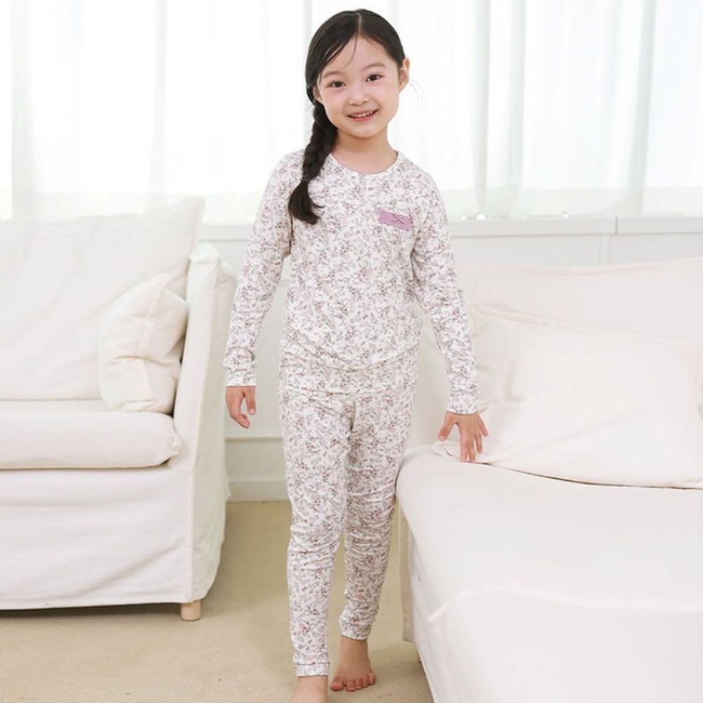 莫代爾親膚彈力長袖家居服/睡衣-花叢小兔-紫白系