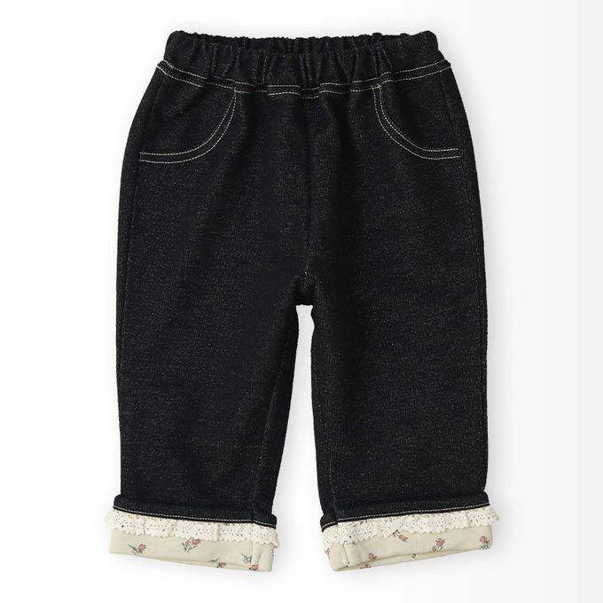 日本 ZOOLAND - 甜美荷葉花朵反摺七分褲-櫻桃刺繡-黑