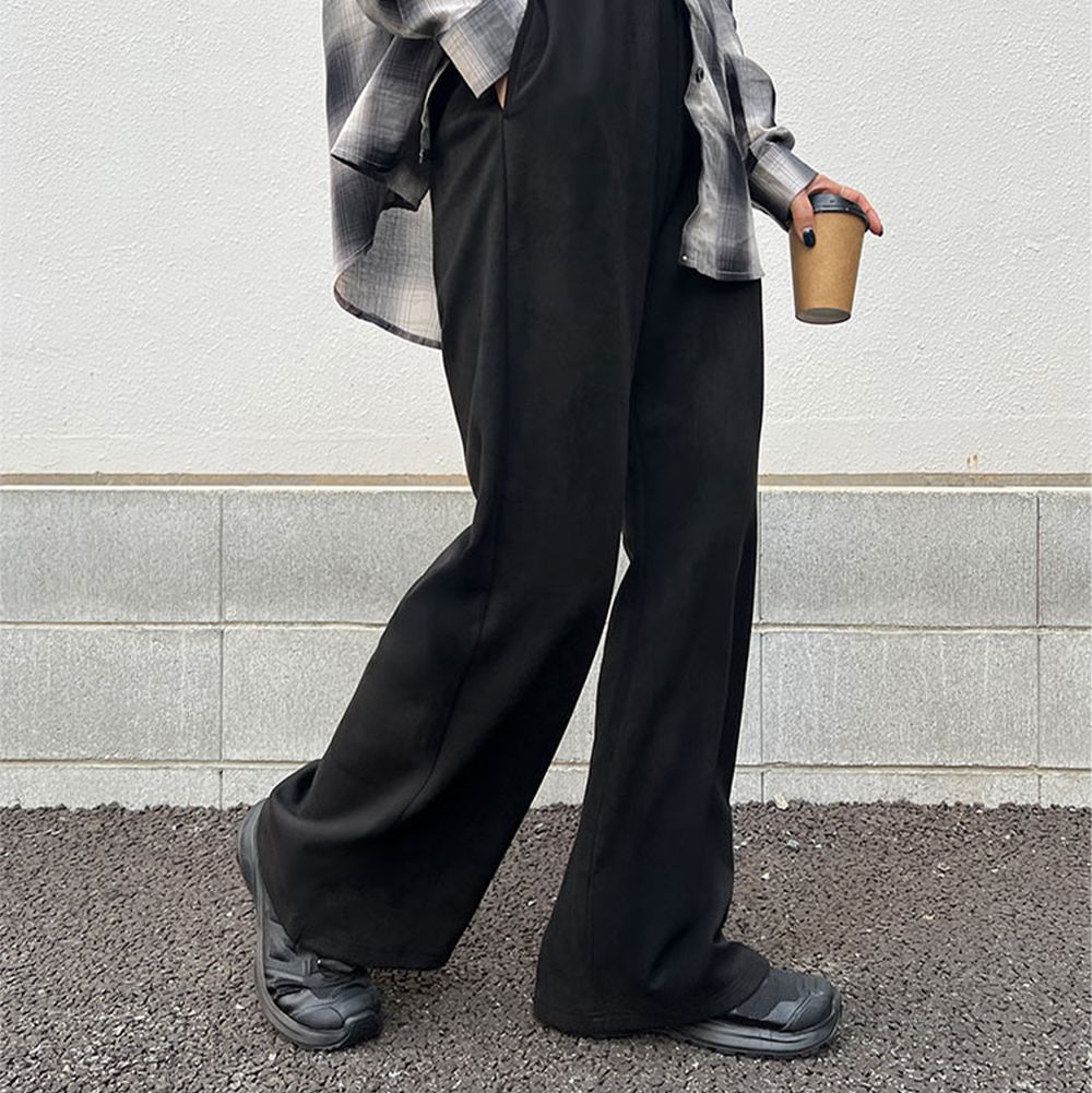 錯覺美腳 時尚麂皮絨修身寬褲-(可選長度)-黑