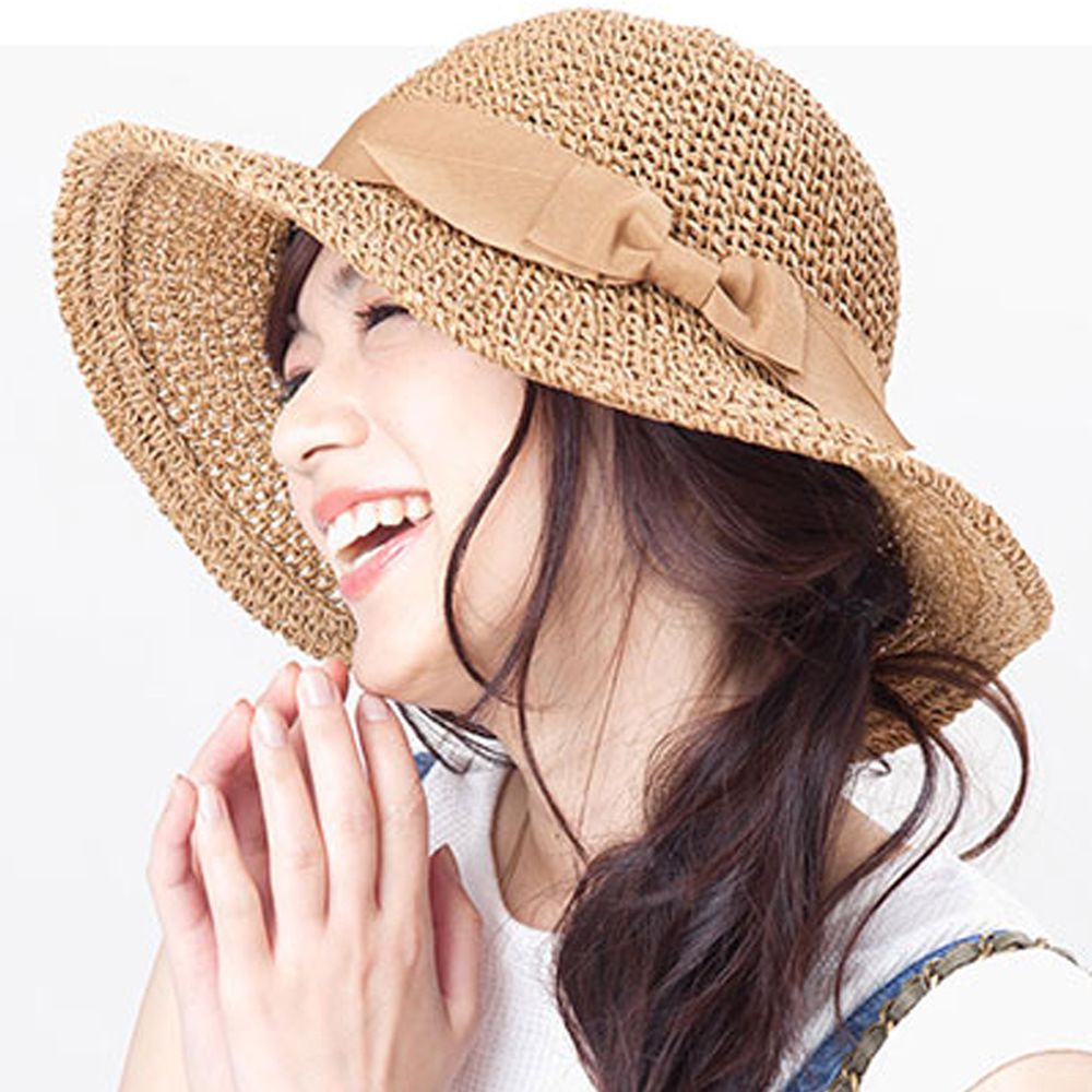 日本 irodori - 抗UV藤編蝴蝶結圓頂草帽(可調整尺寸)-咖啡x芥末緞帶