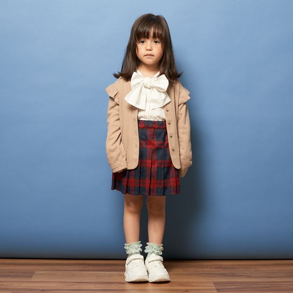 日本 Lycee mine - 大蝴蝶結優雅糖果袖襯衫-格子-卡其