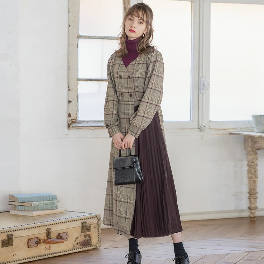 日本 GRL - (剩Ｍ)V領雙排釦格紋拼接百摺長袖洋裝