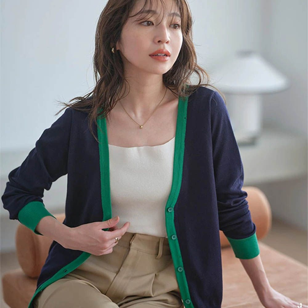 可機洗定番四季薄外套(領可選)-綠邊-海軍藍